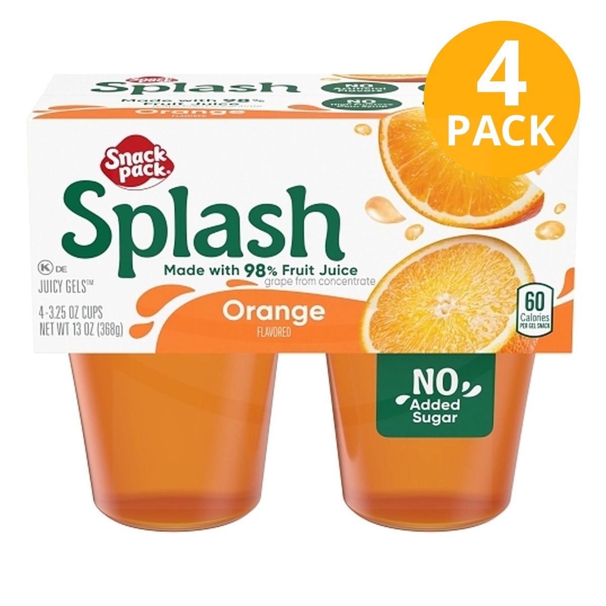 Snack Pack Splash, Gelatina de Naranja, 3 Snack Pack Splash, Gelatina de Naranja, 3.25 OZ (Pack de 4)
