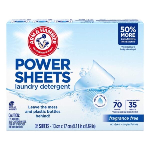 Arm & Hammer Power Sheets Detergente en Hojas para Ropa, Sin Fragancia, 35 Hojas