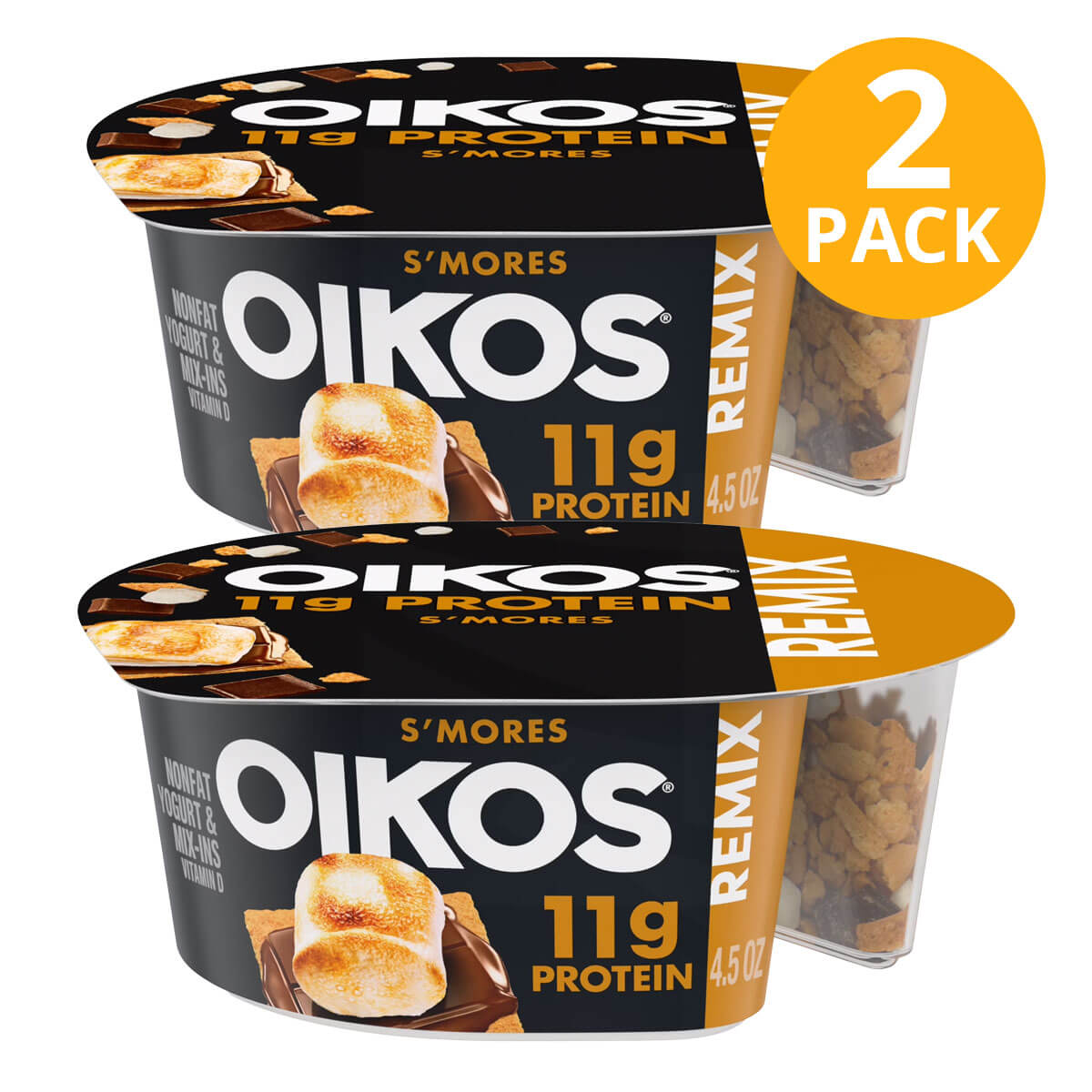 036632024121 Oikos Remix S'mores Nonfat Greek Yogurt 11 gr Protein (Pack de 2) - Imagen 1