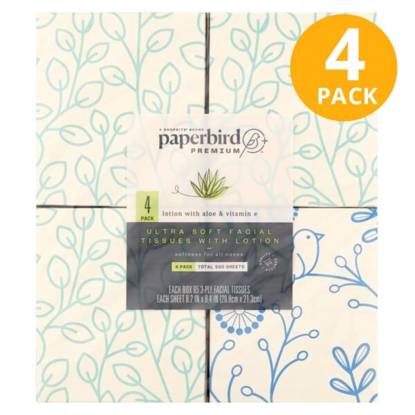 Paperbird Ultra Soft Facial Tissues with Lotion, 65 CT (Pack de 4)