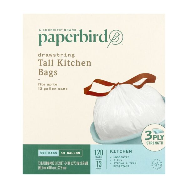 Paperbird Drawstring White Tall Kitchen Bags Unscented, 120 Bolsas de Basura