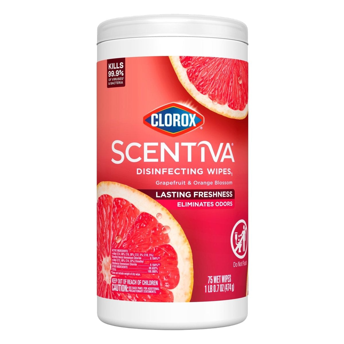 Clorox Scentiva Toallitas Desinfectantes, Grapefruit & Orange Blossom, 75 Unidades