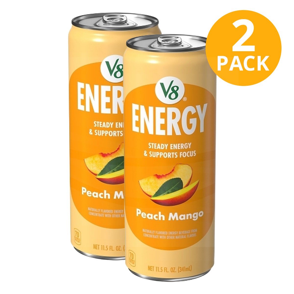 V8 Energy, Peach Mango, Bebida Energética, 11.5 OZ (Pack de 2)