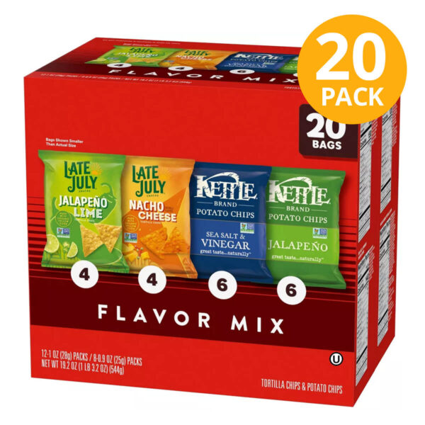 Late July & Kettle Brand Potato Chips, Flavor Mix,  Snacks Variados (Pack de 20)