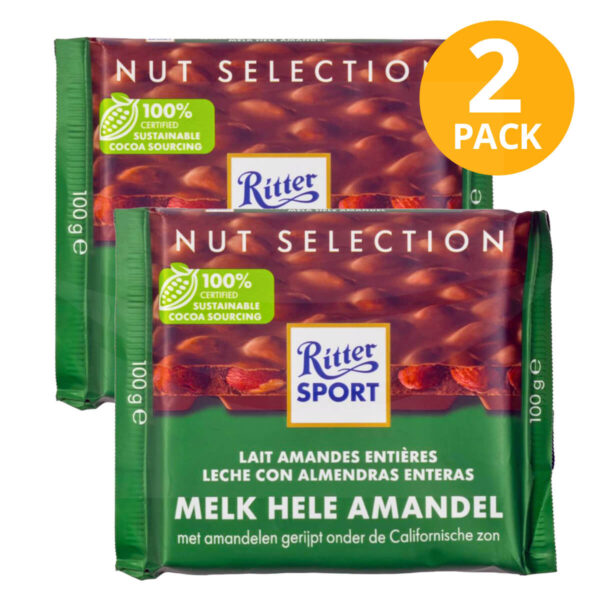 Ritter Sport Chocolate Leche con Almendras Enteras, 100 gr (Pack de 2)
