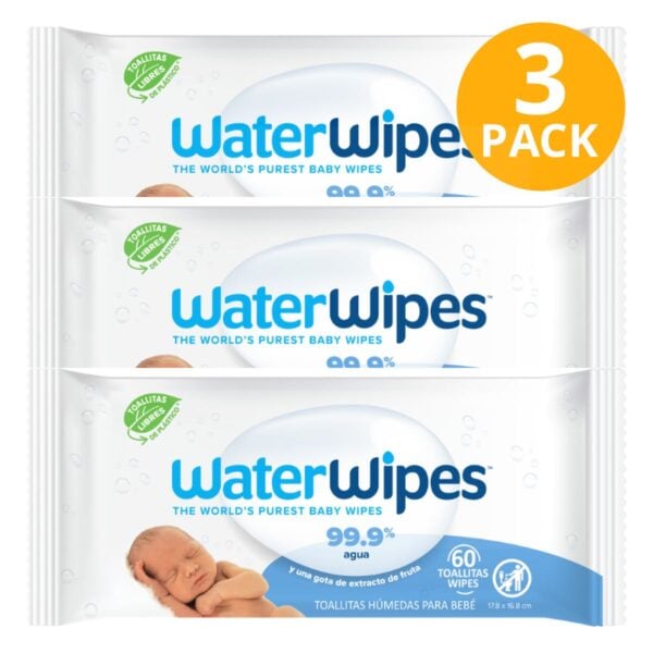 Water Wipes, Toallitas Húmedas para Bebé, 99.9% Water, 60 Wipes (Pack de 3)