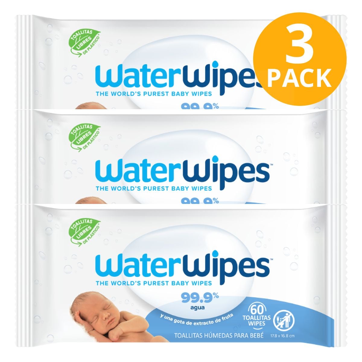 Water Wipes, Toallitas Húmedas para Bebé, 99.9% Water, 60 Wipes (Pack de 3)