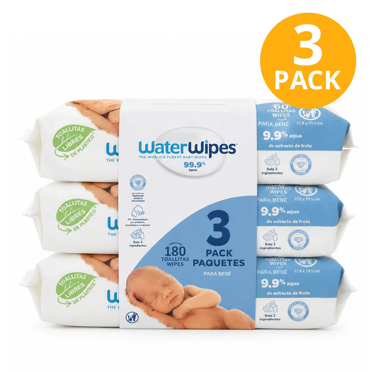 5099514001660 Water Wipes, Toallitas Húmedas para Bebé, 99.9% Water, 180 Wipes (Pack de 3 x 60) - Imagen 1