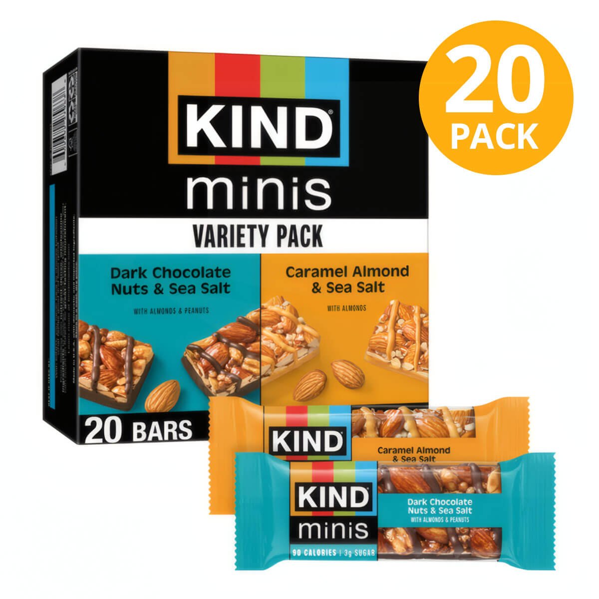 Kind Minis, Variety Pack Dark Chocolate Nuts & Sea Salt y Caramel Almond & Sea Salt (Pack de 20) 1 Kind Minis, Variety Pack Dark Chocolate Nuts & Sea Salt y Caramel Almond & Sea Salt (Pack de 20)