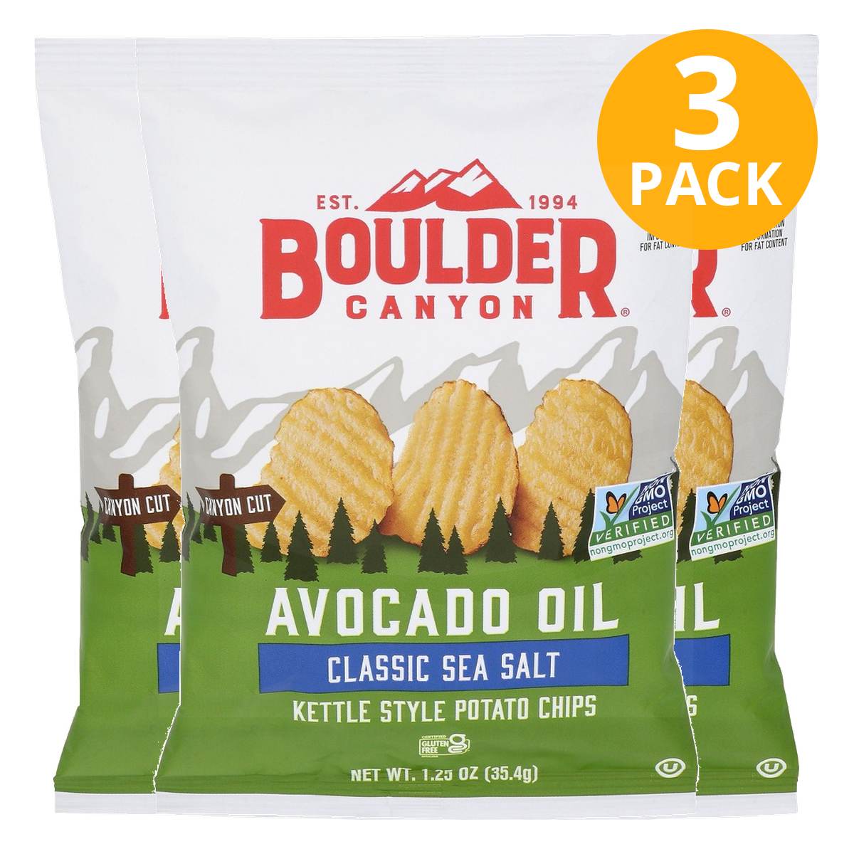 Boulder Canyon Avocado Oil Sea Salt, Kettle Potato Chips, 1 Boulder Canyon Avocado Oil Sea Salt, Kettle Potato Chips, 1.25 OZ (Pack de 3)
