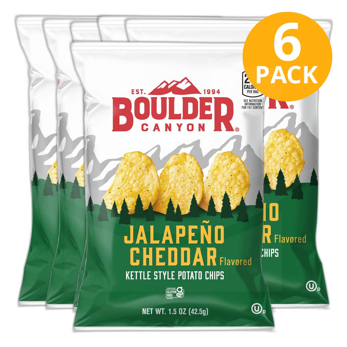 Boulder Canyon Jalapeño Cheddar, Kettle Potato Chips, 1.5 OZ (Pack de 6)