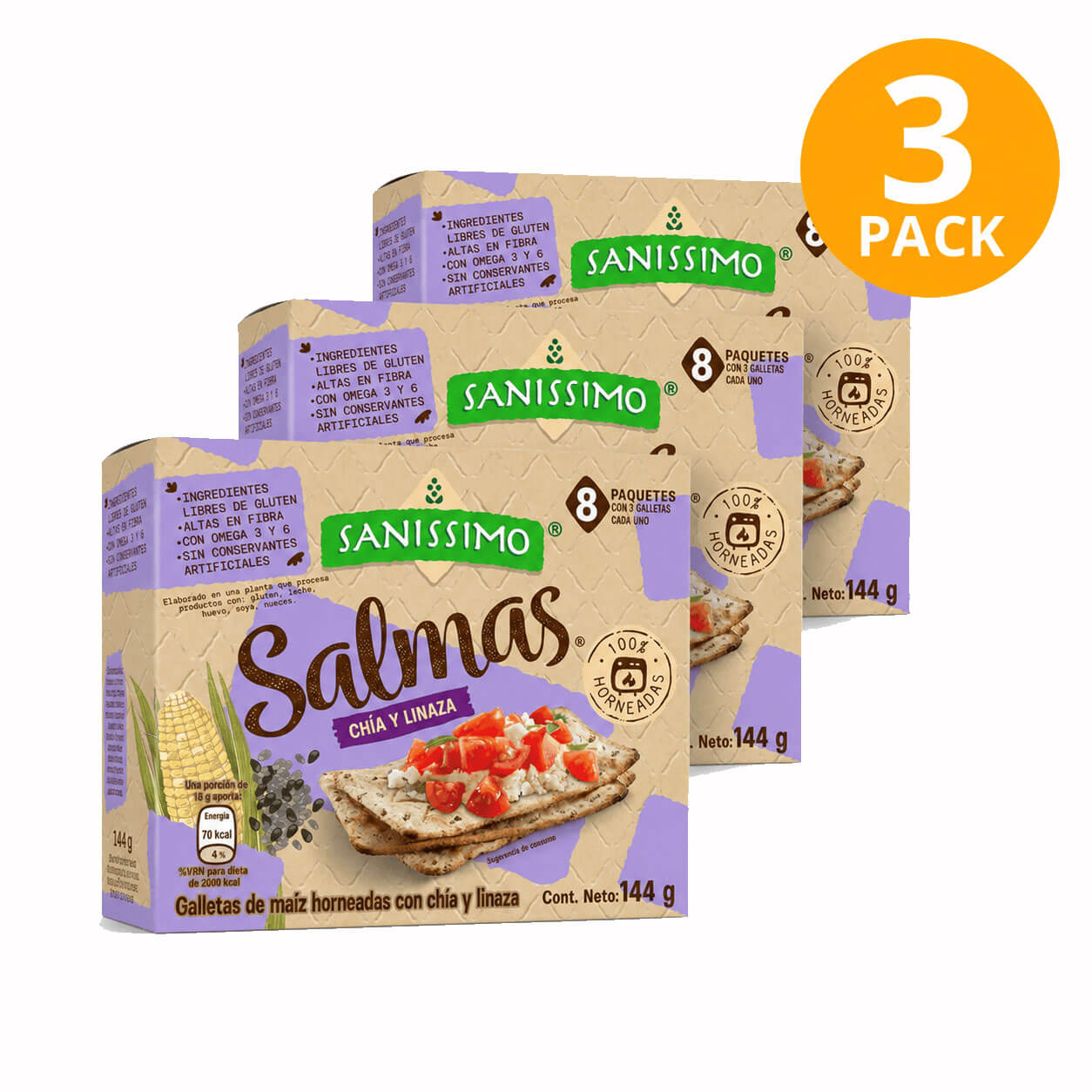 7441029520781 Salmas Horneadas con Chía y Linaza de Sanissimo, 24 Paquetes (Pack de 3 x 8) - Imagen 1