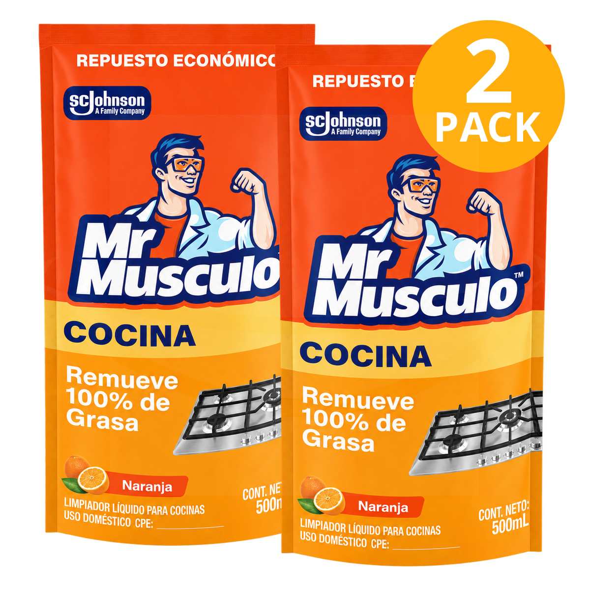Mr Músculo Cocina Antigrasa, Naranja, Refill 500 ml (Pack de 2)