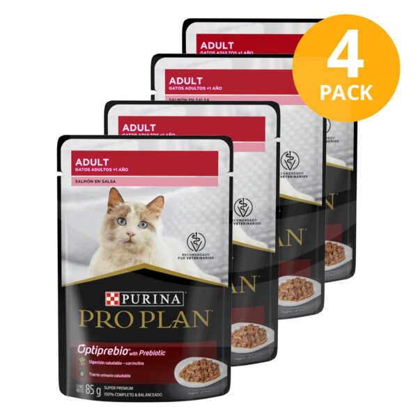 Purina Pro Plan para Gatos, Adult, Optiprebio, Salmón, 85 gr (Pack de 4)