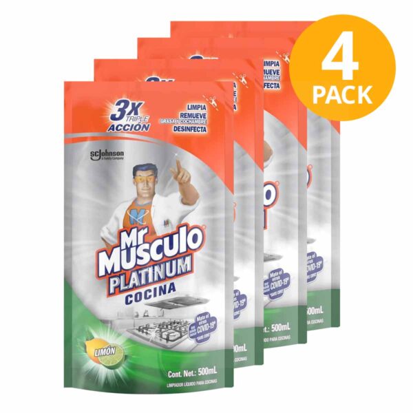 Mr Músculo Cocina Platinum, Limón, Refill Limpiador Líquido, 500 ml (Pack de 4)