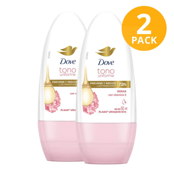 Dove Tono Uniforme, Desodorante, Roll-On Rosas, 50 ml (Pack de 2)