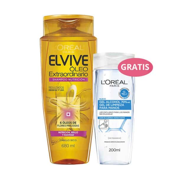 Shampoo Elvive Oleo Extraordinario, 680 ml + Gel de Limpieza para Manos, L’Oreal 200 ml (GRATIS)