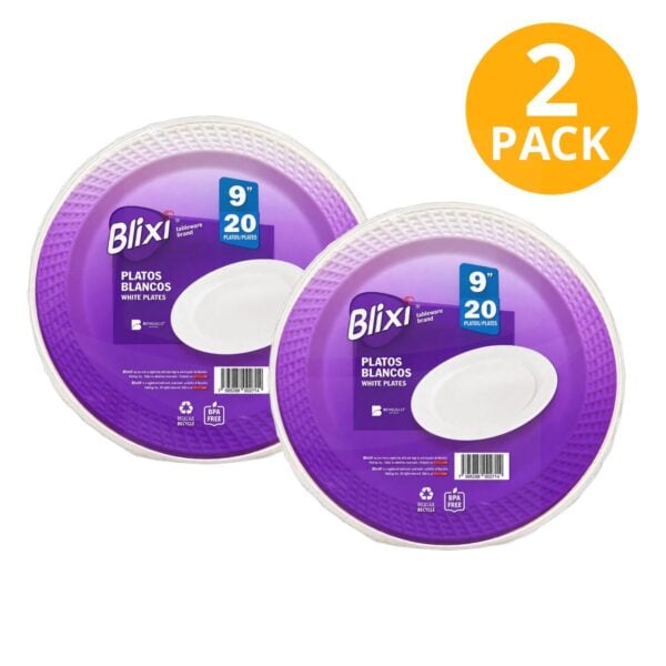 Blixi Platos Plásticos 9", Blancos, 40 Platos (Pack de 2 x 20)
