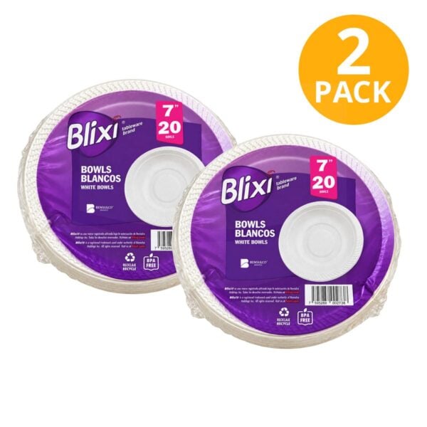 Blixi Bowls Plásticos 7", Blancos, 40 Bowls (Pack de 2 x 20)