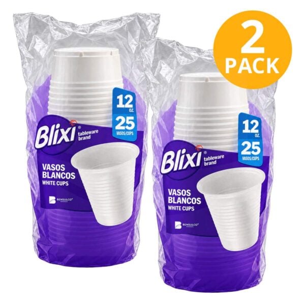 Blixi Vasos Plásticos 12 OZ, Blancos, 50 Vasos (Pack de 2 x 25)