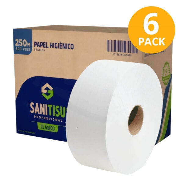 Sanitisu Papel Higiénico Jumbo Clásico para Dispensador, 250 Metros Doble Hoja (Pack de 6)