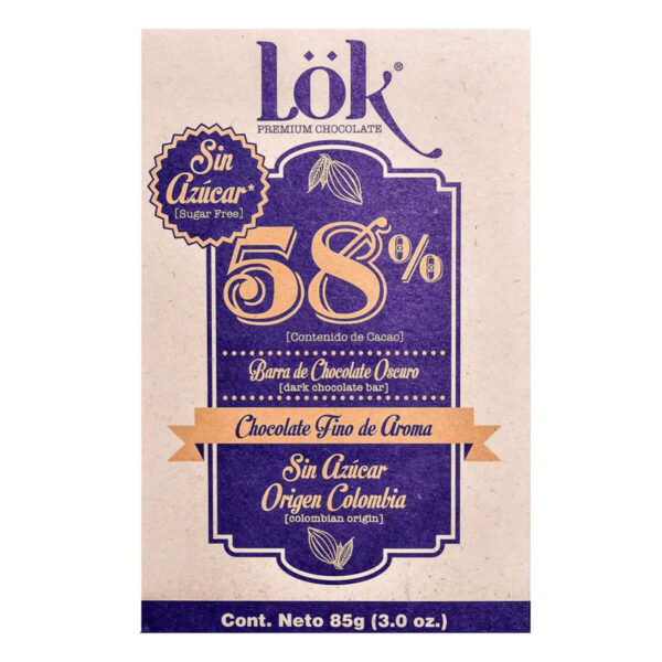 Chocolate LOK 58% Cacao Sin Azúcar, Barra 85 gr