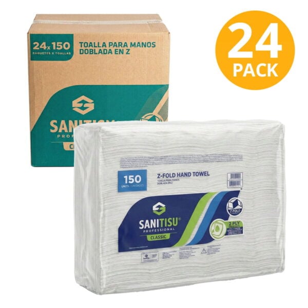 Sanitisu Papel Toalla para Manos, Z-Fold Blanca, 150 Hojas Doble Hoja (Pack de 24)