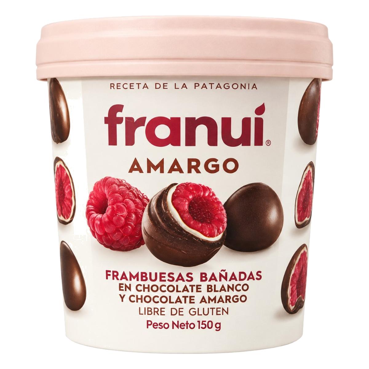 Franuí Amargo, Frambuesas Bañadas en Chocolate Blanco y Amargo, 150 gr 1 Franuí Amargo, Frambuesas Bañadas en Chocolate Blanco y Amargo, 150 gr