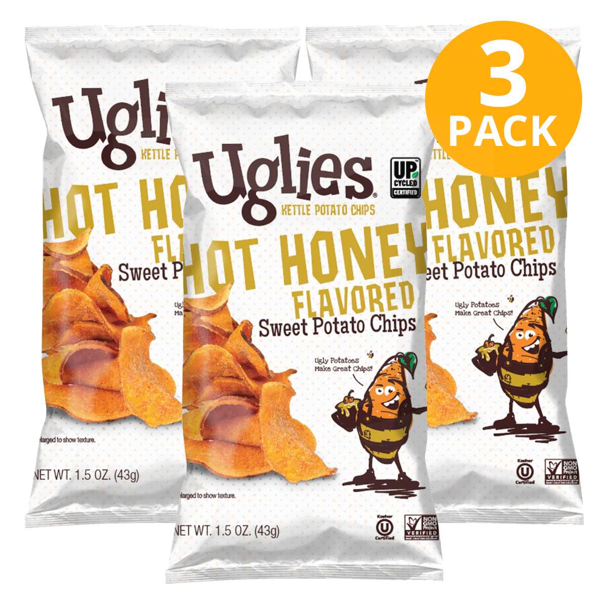 Uglies Hot Honey, Sweet Potato Chips, 1.5 OZ (Pack de 3)