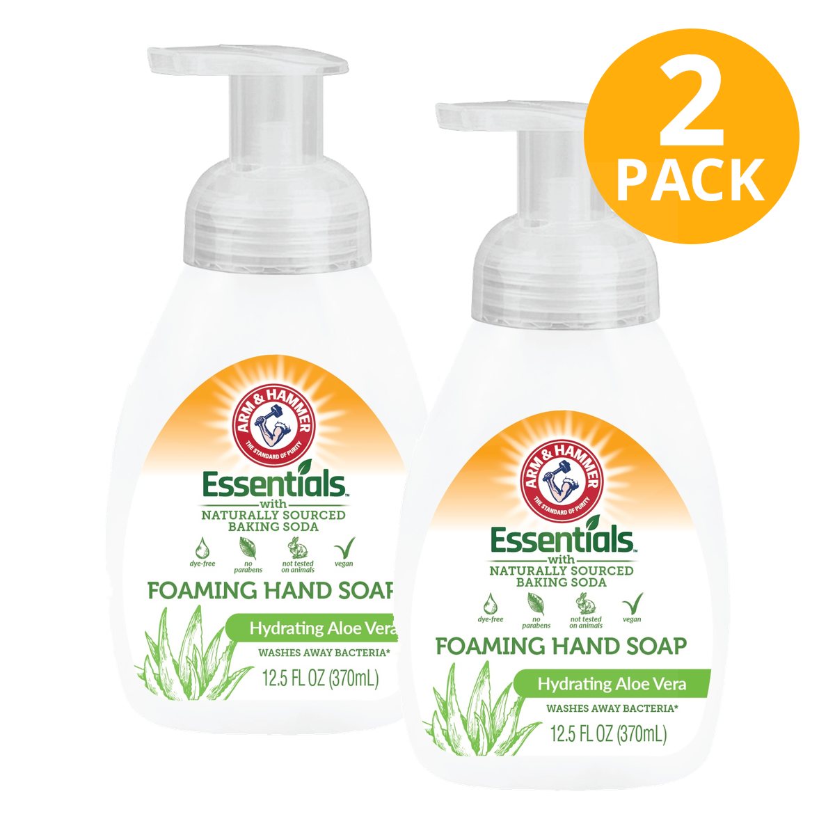Arm & Hammer Essentials Jabón Líquido para Manos Foaming, Aloe Vera, 12.5 OZ (Pack de 2)