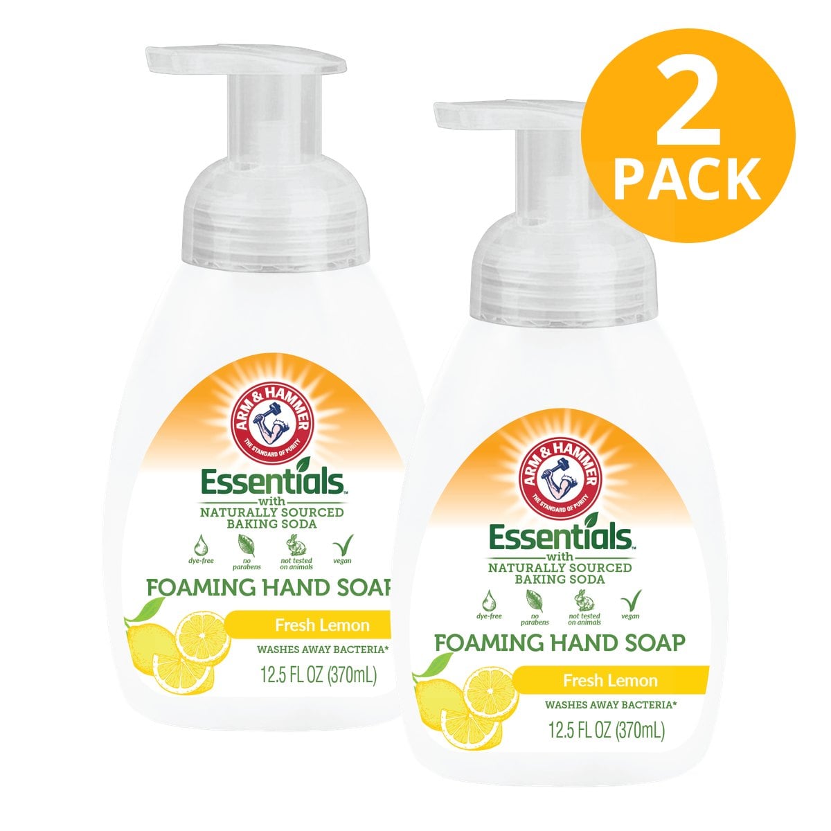 Arm & Hammer Essentials Jabón Líquido para Manos Foaming, Fresh Lemon, 12.5 OZ (Pack de 2)