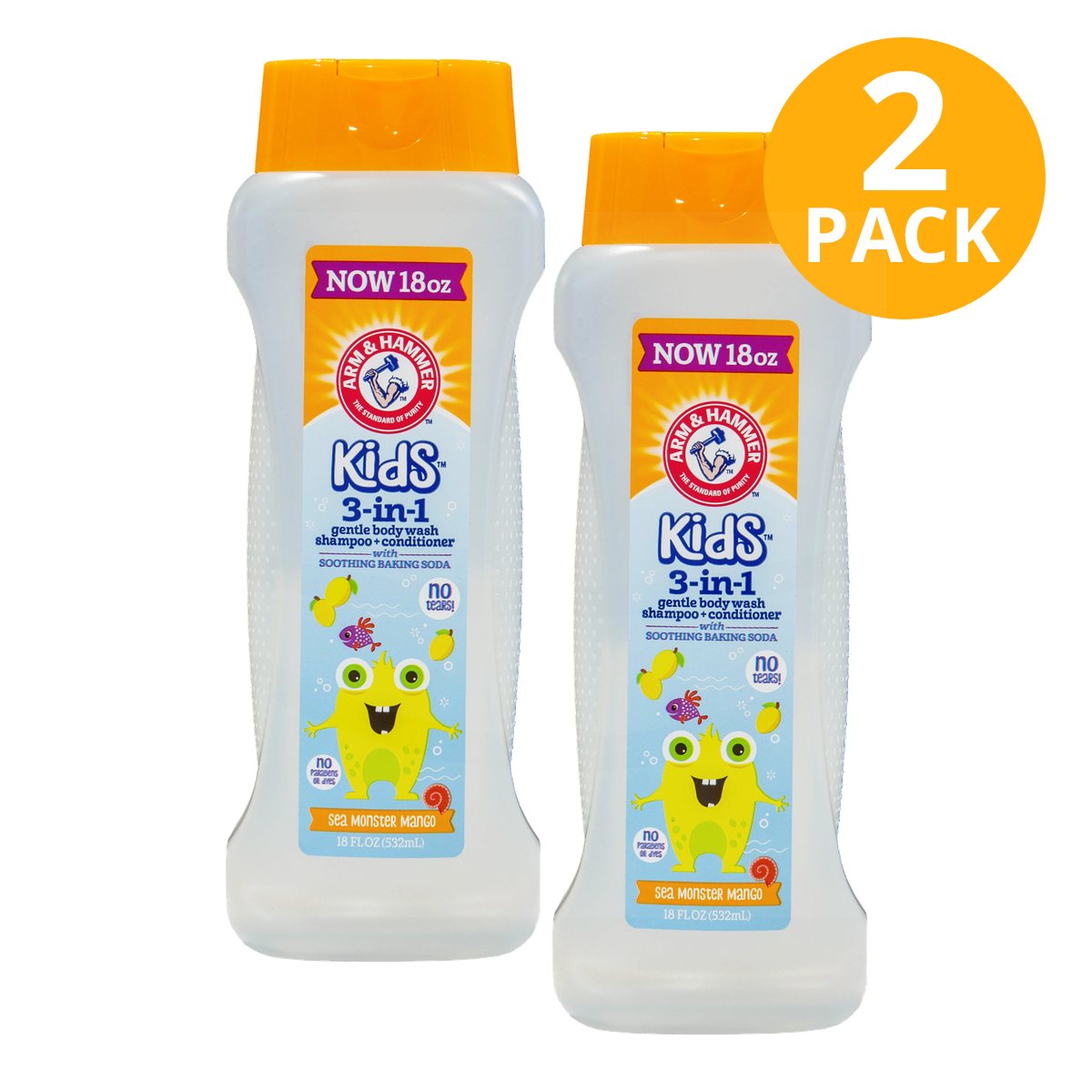 Arm & Hammer Kids Gel de Baño, Shampoo y Acondicionador 3 en 1, Mango, 18 OZ (Pack de 2)
