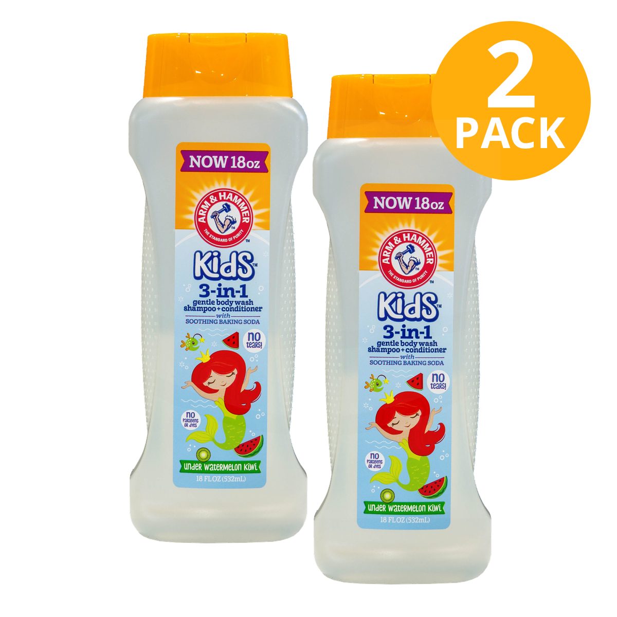 Arm & Hammer Kids Gel de Baño, Shampoo y Acondicionador 3 en 1, Watermelon Kiwi, 18 OZ (Pack de 2)