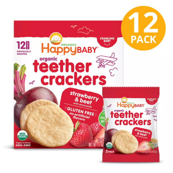 HappyBaby Organic Teether Crackers, Strawberry & Beet, 12 Packs