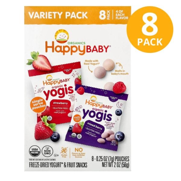 Happy Baby Organic Yogis Variety, Mixed Berry & Strawberry Banana, 7 gr (Pack de 8)