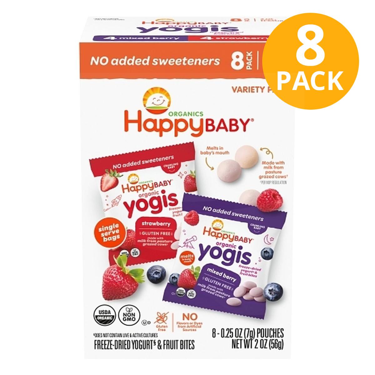 Happy Baby Organic Yogis Variety, Mixed Berry & Strawberry Banana, 7 gr (Pack de 8)