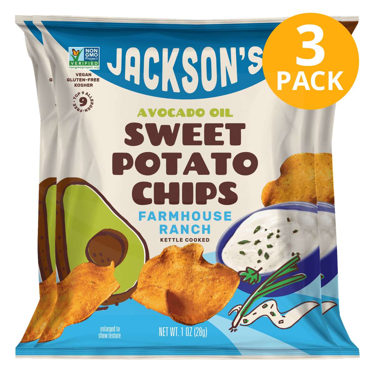 Jackson's Sweet Potato Chips Farmhouse Ranch, 1 OZ (Pack de 3) 1 Jackson's Sweet Potato Chips Farmhouse Ranch, 1 OZ (Pack de 3)