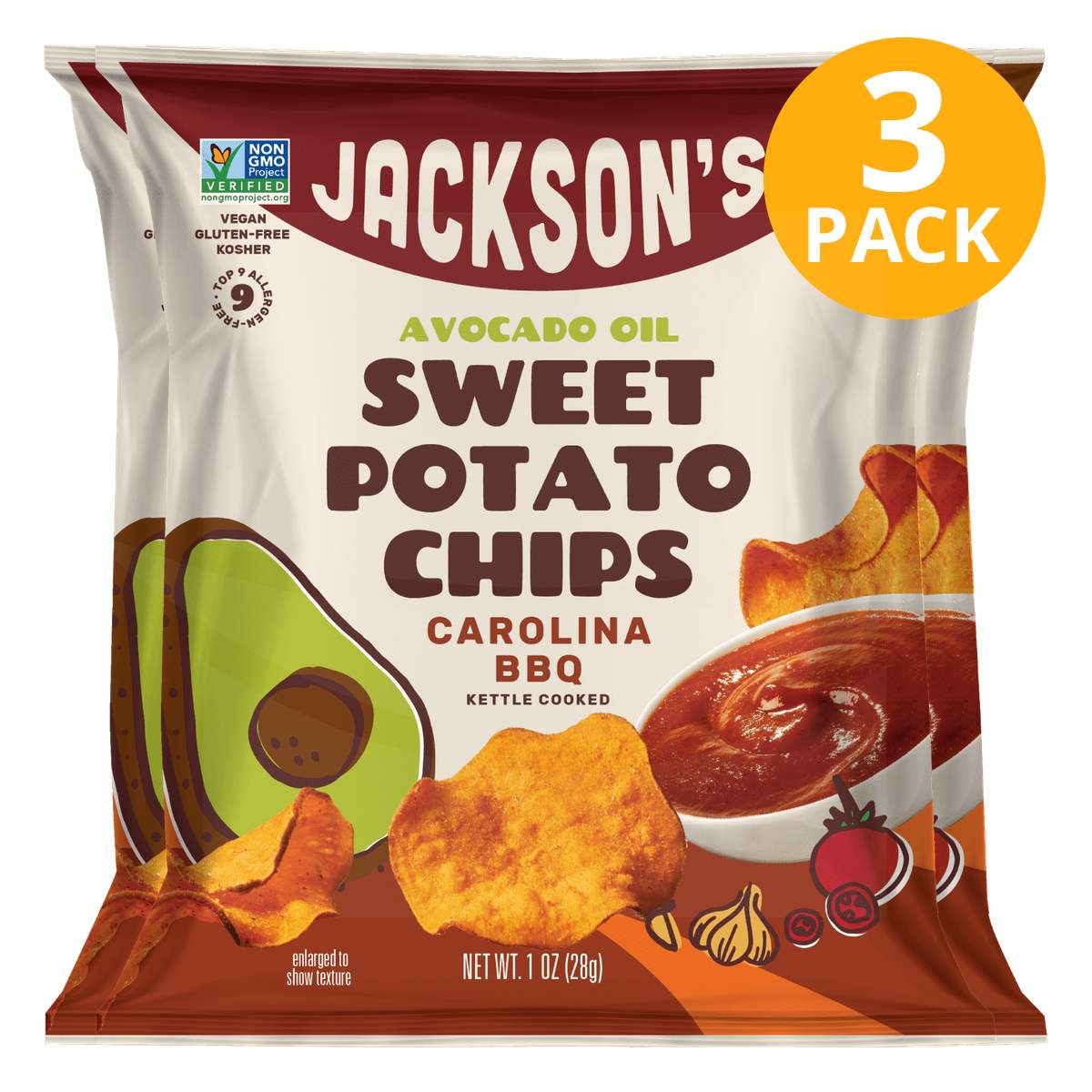 Jackson's Sweet Potato Chips BBQ, 1 OZ (Pack de 3) 1 Jackson's Sweet Potato Chips BBQ, 1 OZ (Pack de 3)