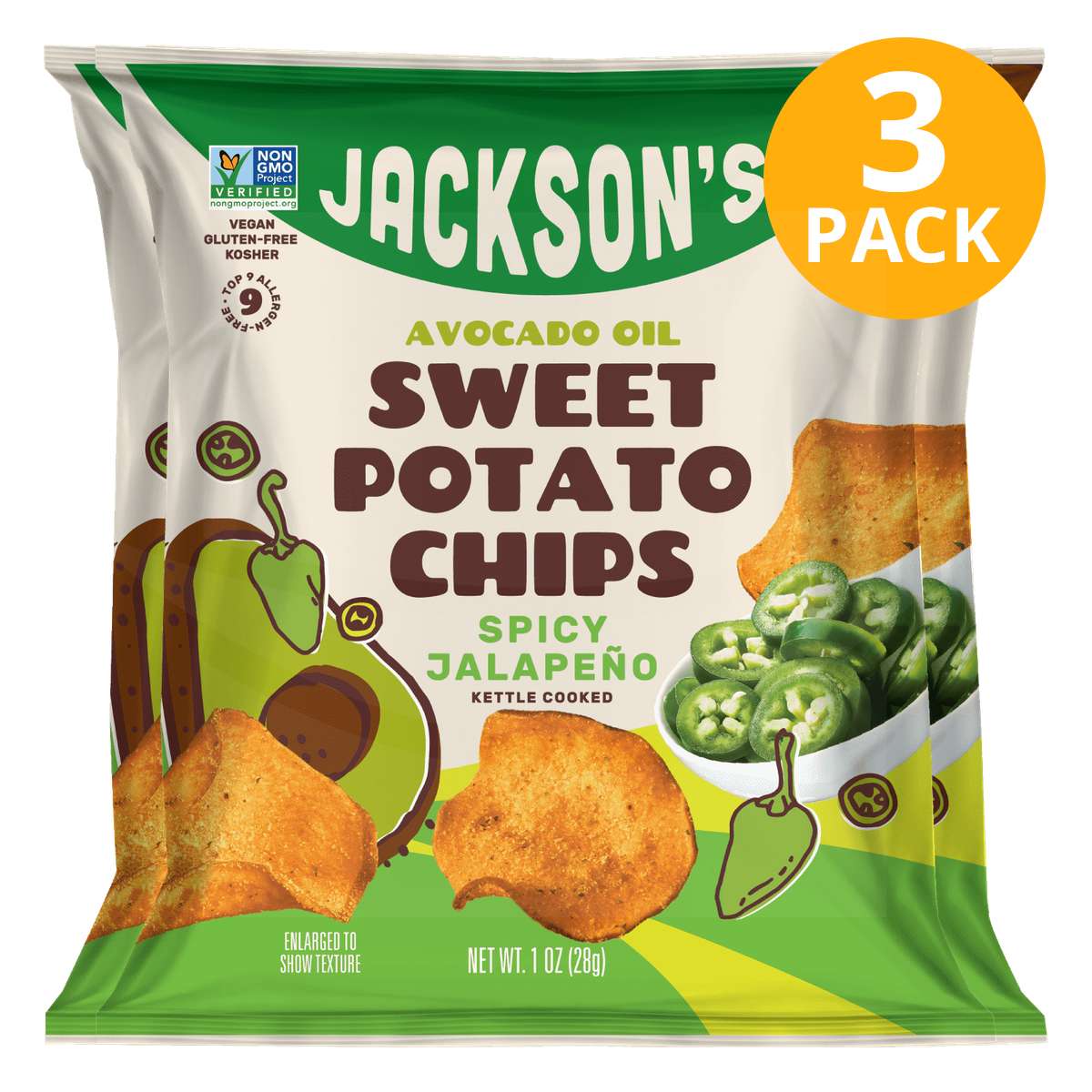 Jackson's Sweet Potato Chips Spicy Jalapeño, 1 OZ (Pack de 3) 1 Jackson's Sweet Potato Chips Spicy Jalapeño, 1 OZ (Pack de 3)