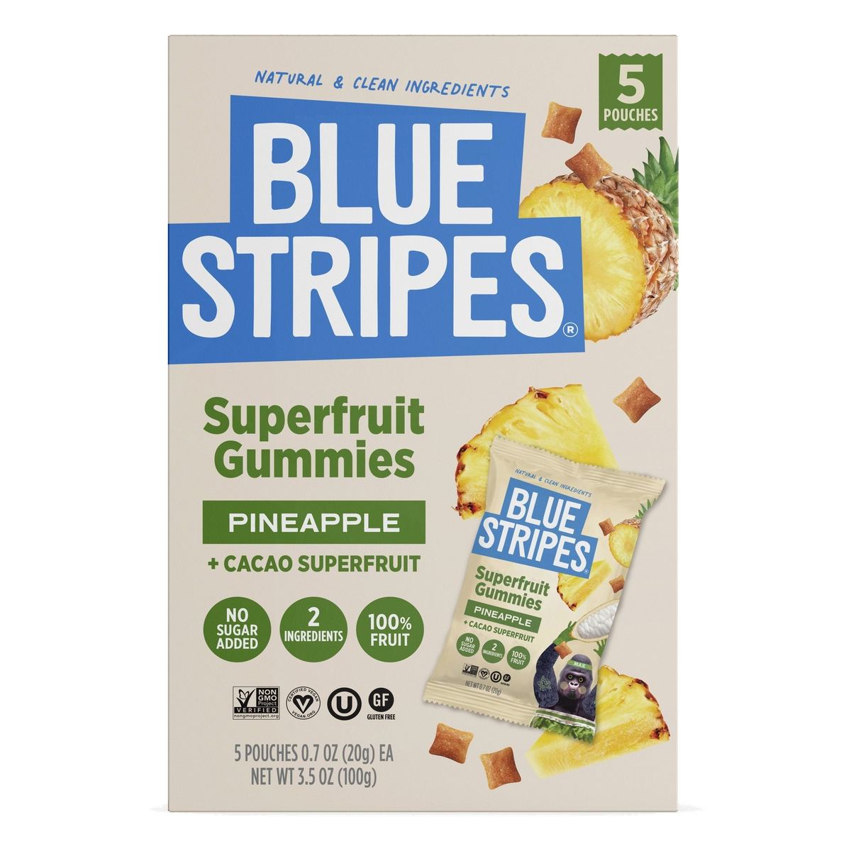 Blue Stripes Superfruit Gummies, Pineapple & Cacao, 3.5 OZ (5 Pouches)