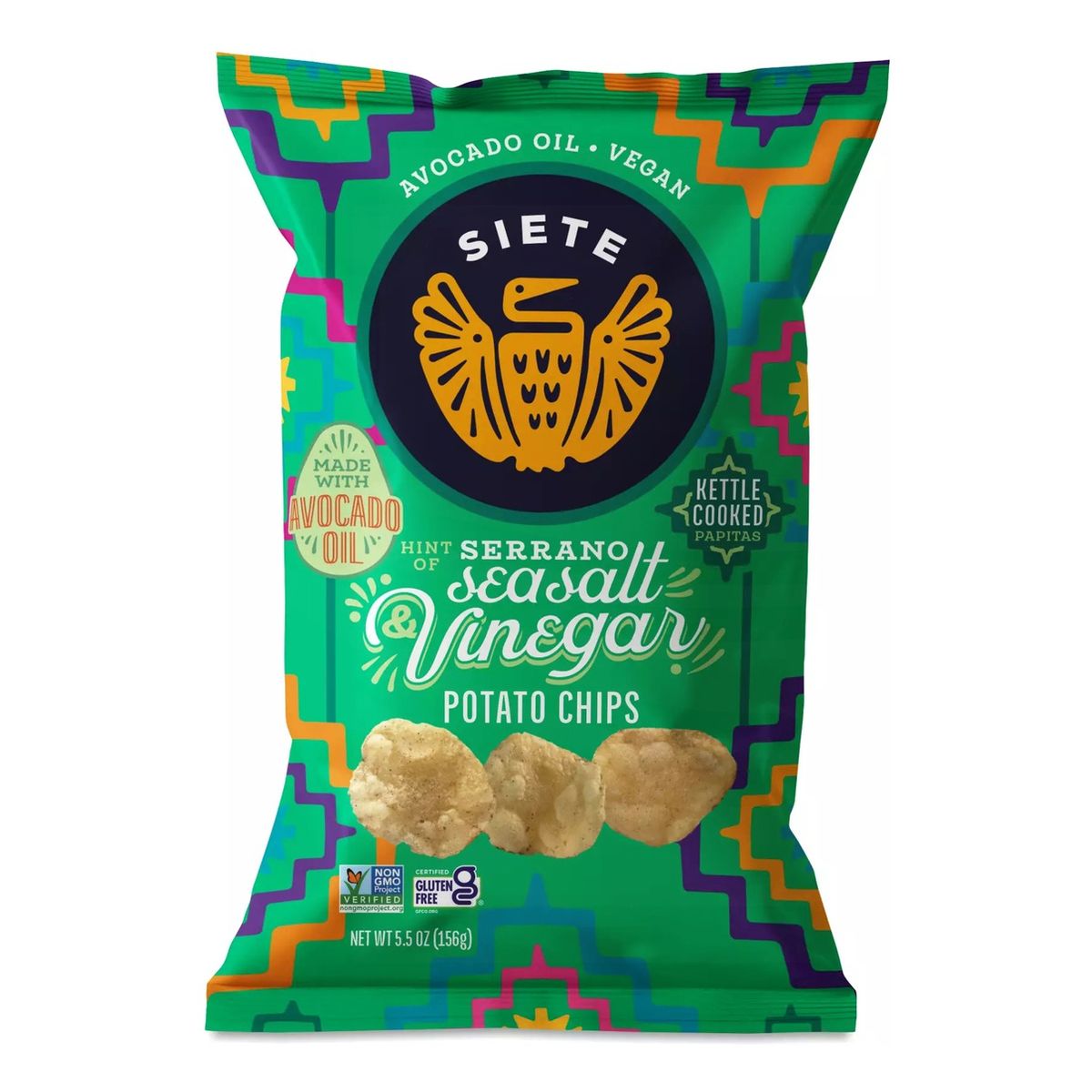Siete Sea Salt & Vinegar, Hint of Serrano, Kettle Potato Chips, 5 Siete Sea Salt & Vinegar, Hint of Serrano, Kettle Potato Chips, 5.5 OZ