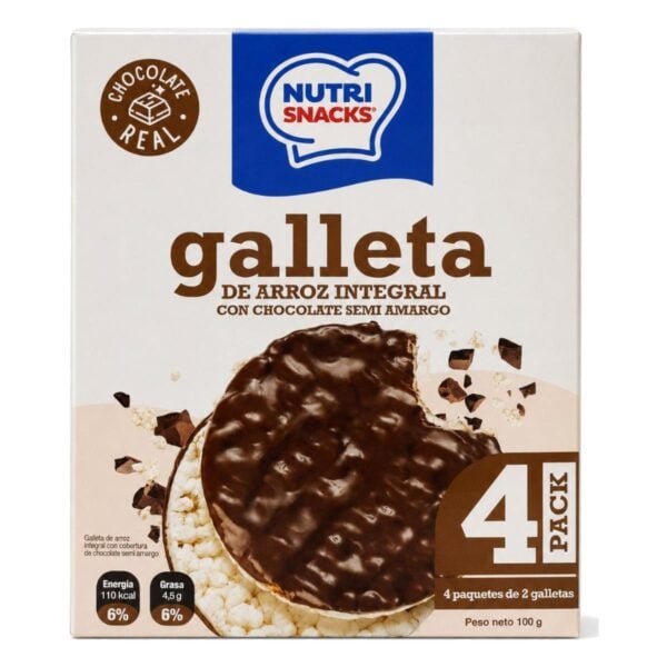 Nutri Snacks Galleta de Arroz Integral Chocolate Semi Amargo, 100 gr (Pack de 4)