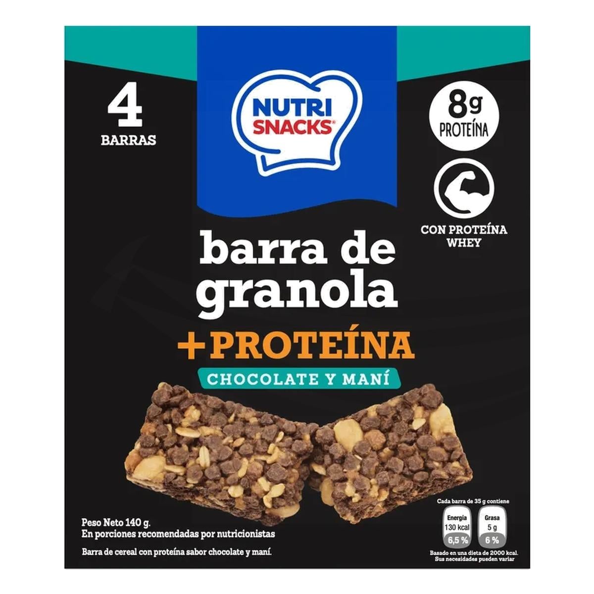 Nutri Snacks Barra de Granola + Proteína Chocolate y Maní, 8 gr de Proteína, 140 gr (Pack de 4)