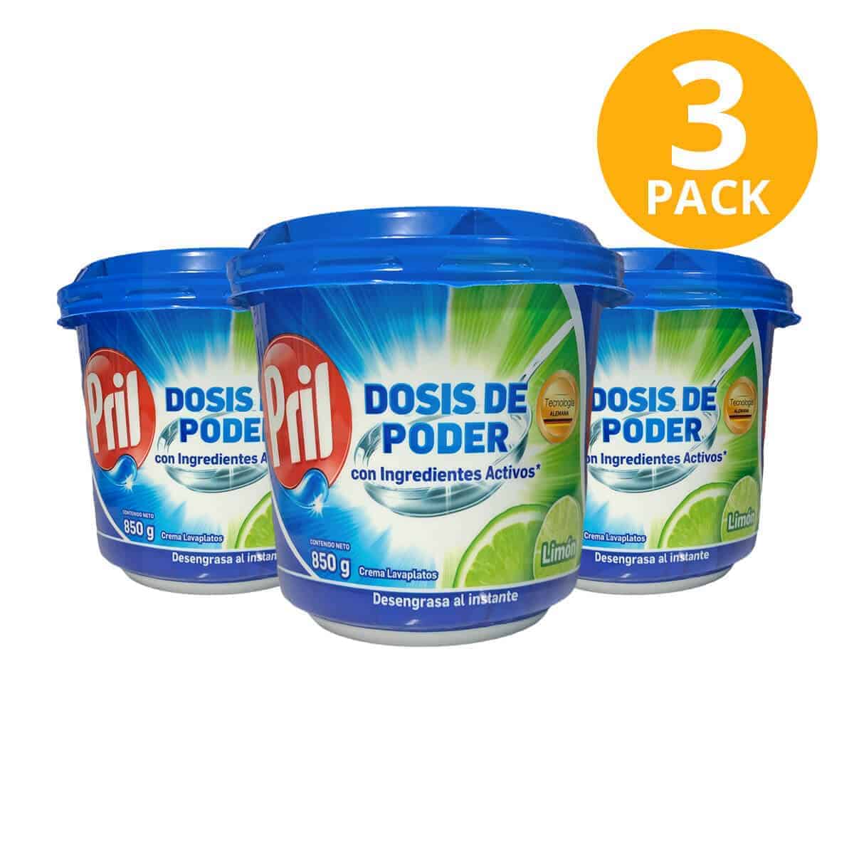 Pril Limón Dosis de Poder, Crema Lavaplatos, 850 gr (Pack de 3)